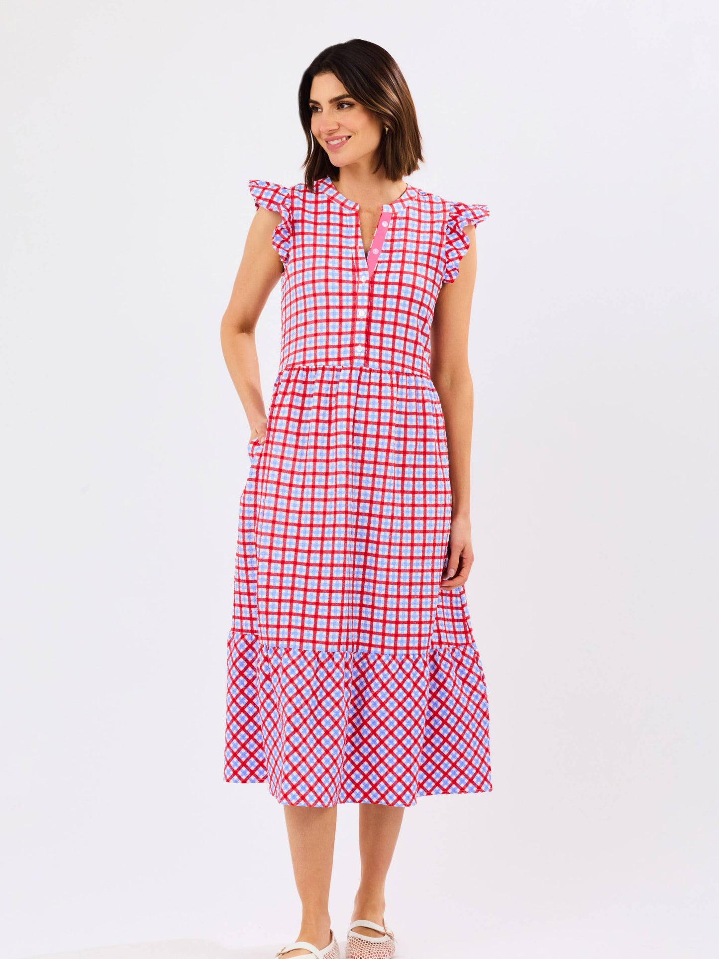 Riley Flutter Sleeve Dress | Gingham Red + Blue