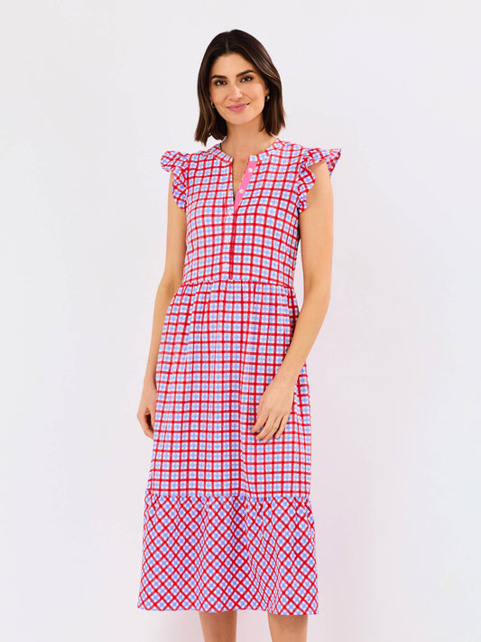 Riley Flutter Sleeve Dress | Gingham Red + Blue