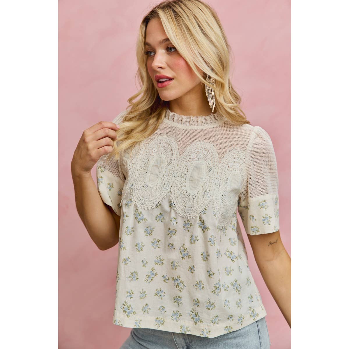 FLORAL PRINT LACE TRIM COTTON BLOUSE TOP