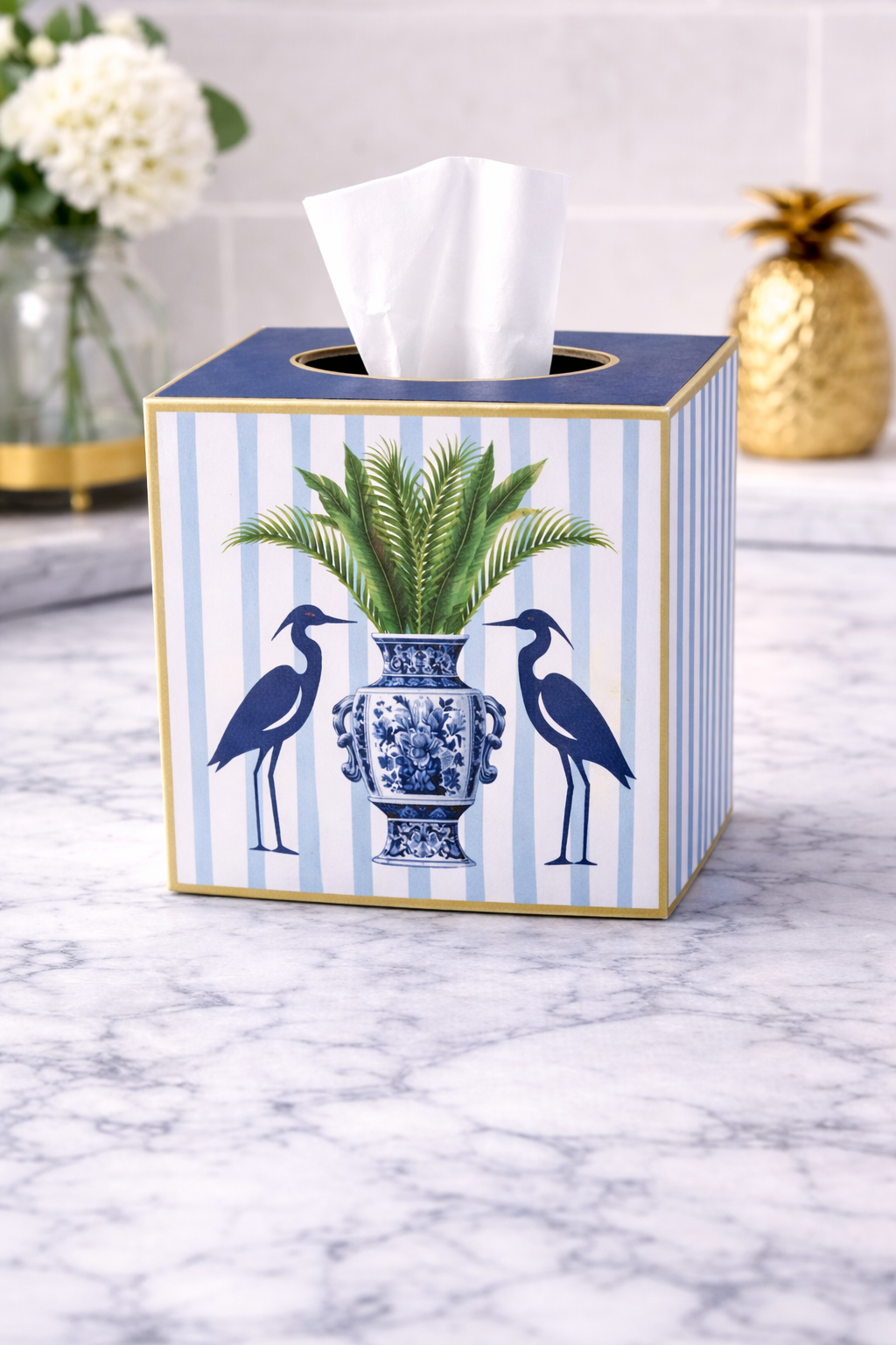 Kleenex Box with blue Herons with chinoiserie vase