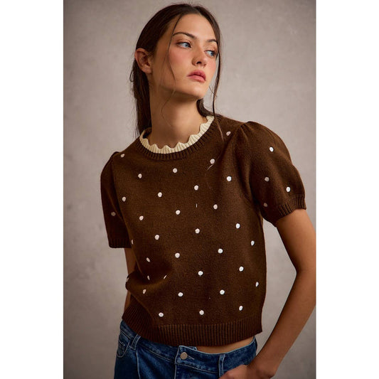 BROWN POLKA DOT SCALLOP NECK EDGE PUFF SHORT SLEEVES KNIT TOP