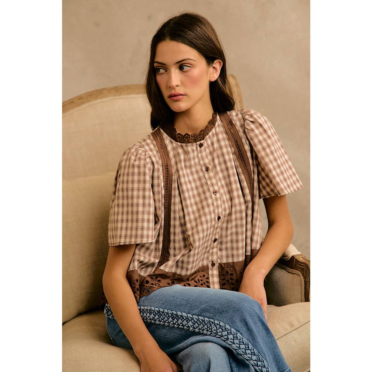 COTTON CHECK LACE TRIM FLUTTER SLEEVES BLOUSE TOP