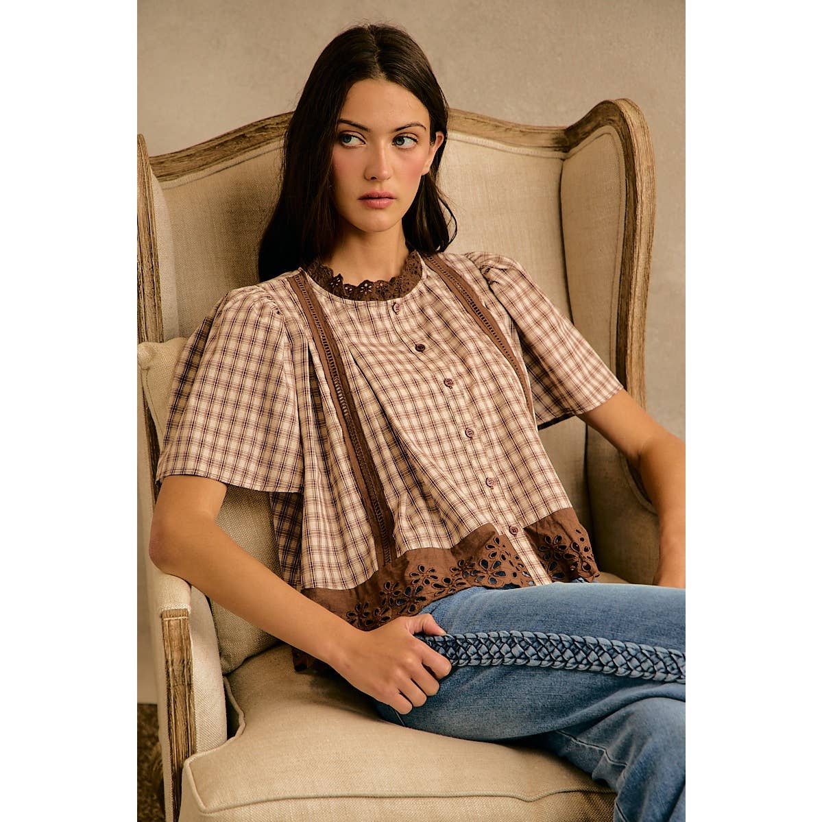 COTTON CHECK LACE TRIM FLUTTER SLEEVES BLOUSE TOP