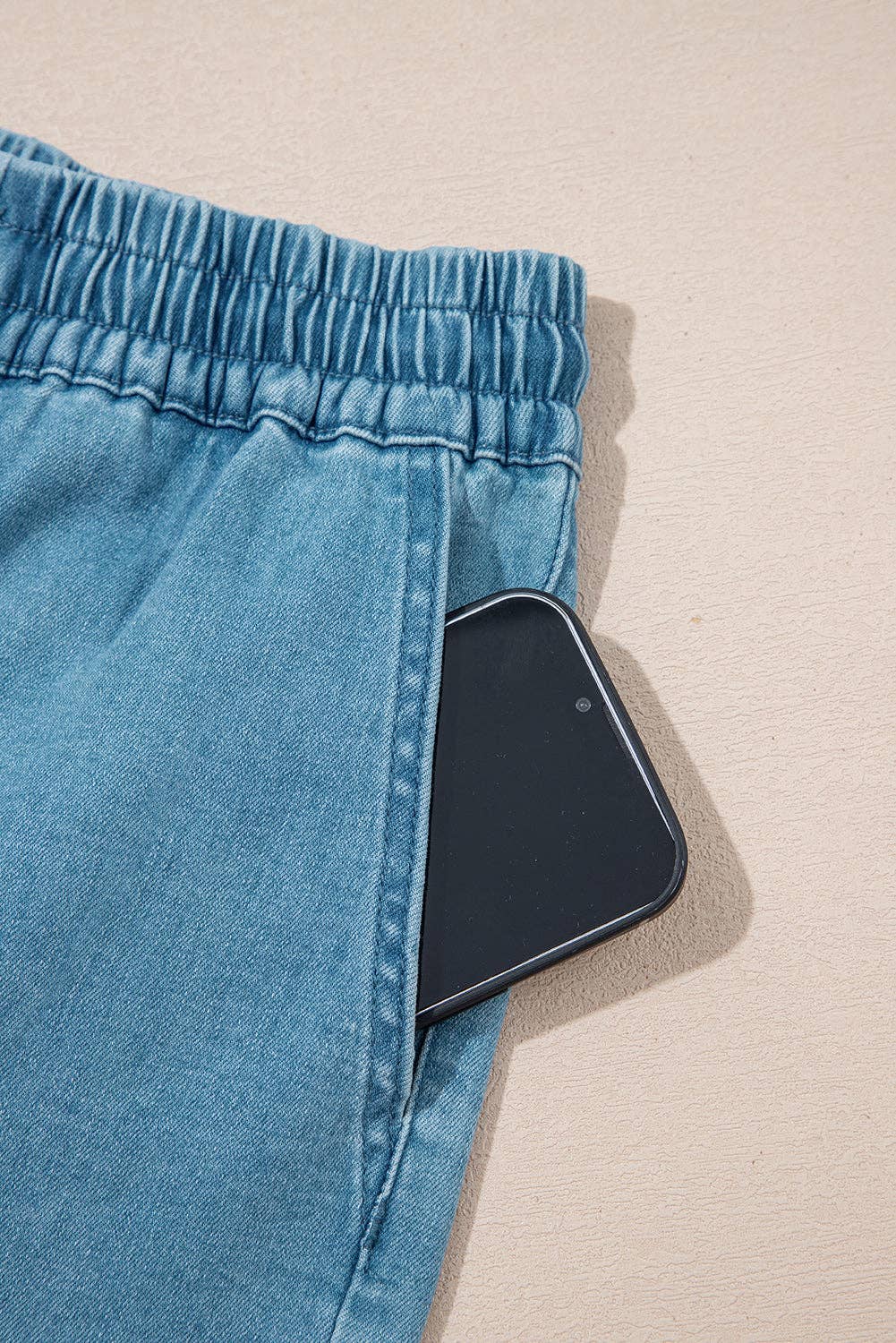 Beau Blue Contrast Drawstring Elastic Waistband Denim Shorts