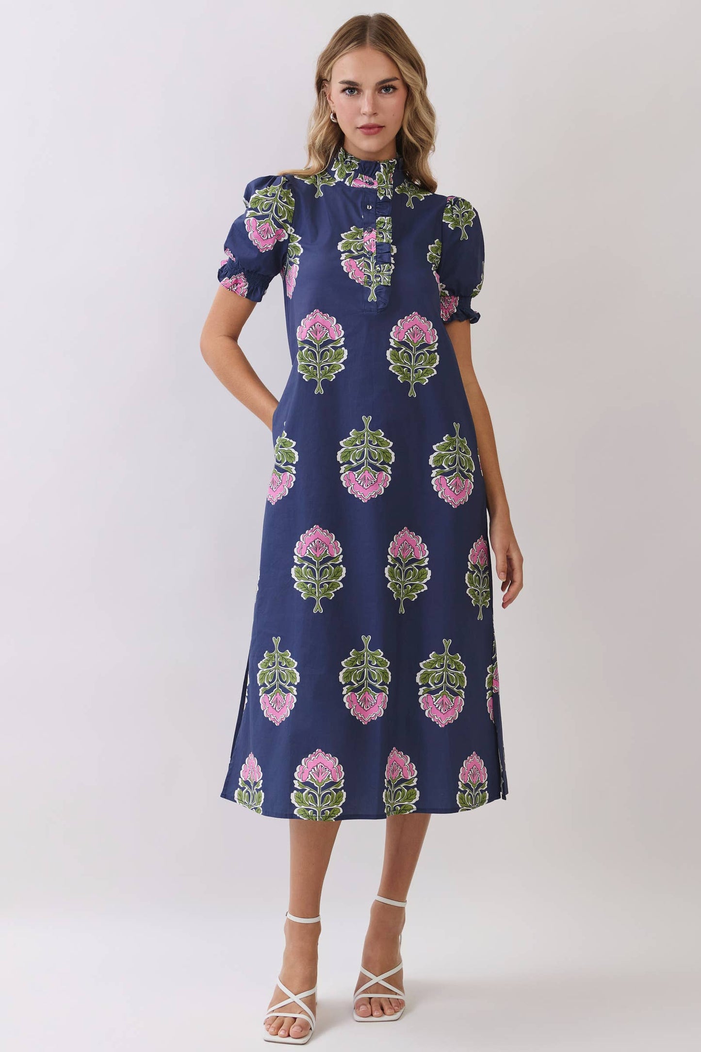 Navy Floral Print Midi Dress