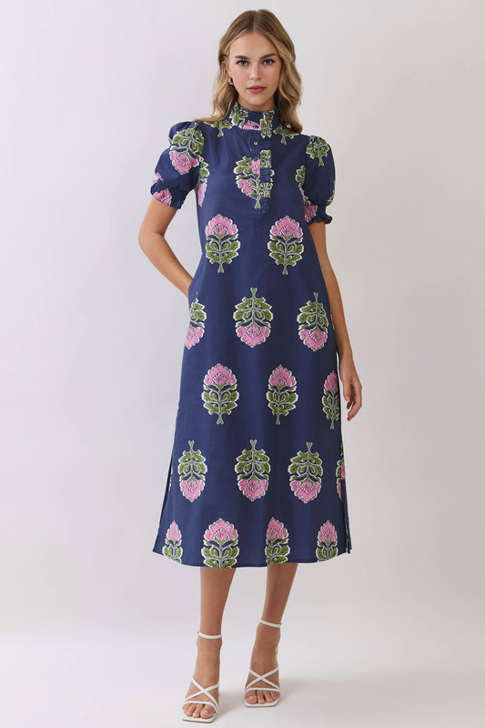 Navy Floral Print Midi Dress