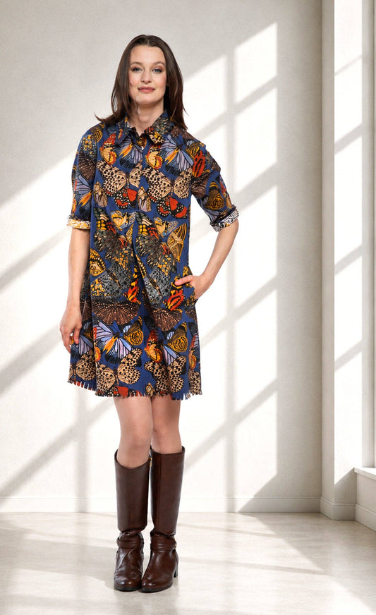 Chatham Dress Blue Butterfly Print- Dizzy Lizzy