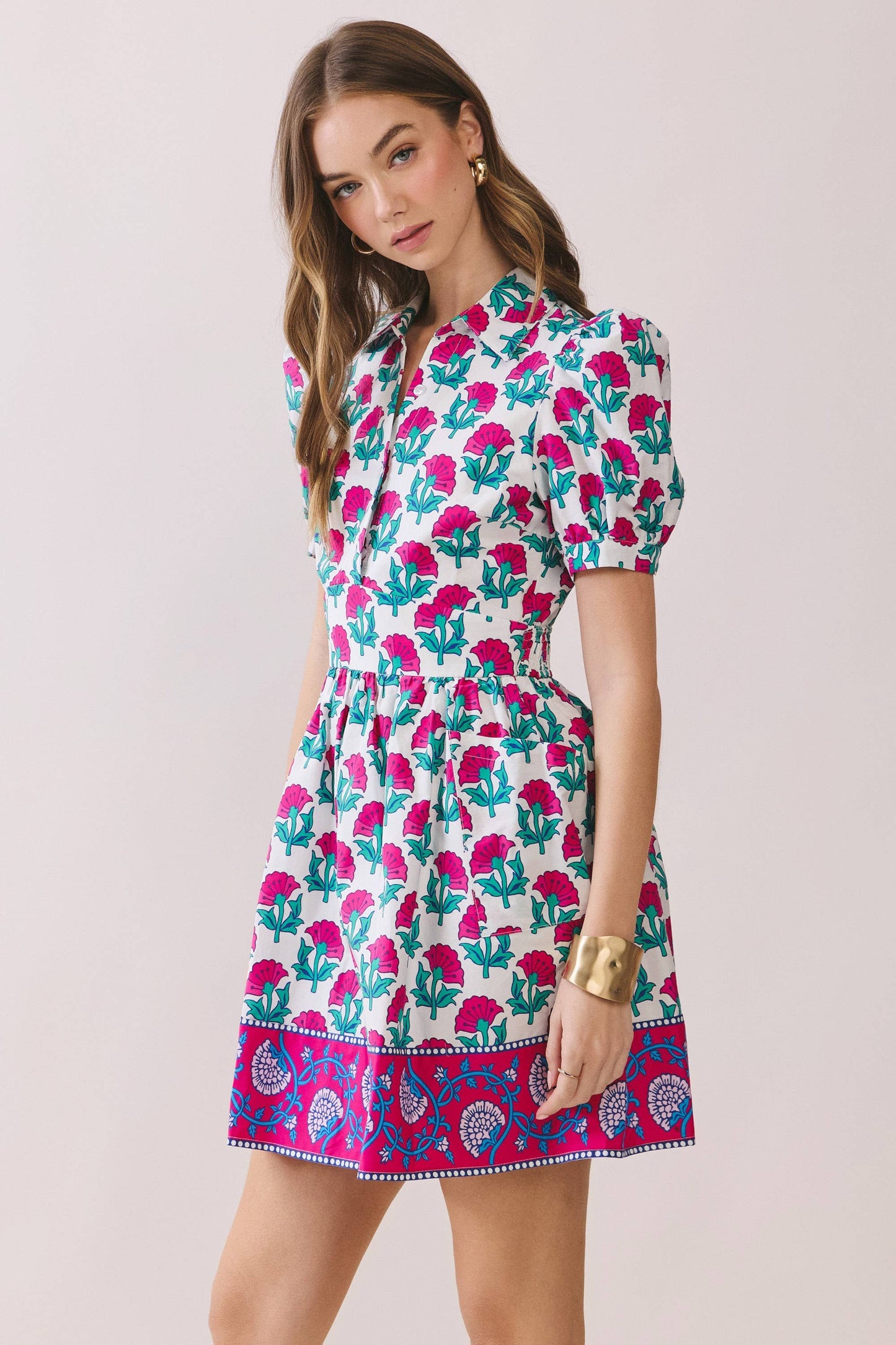 Floral Puff Sleeve Mini Dress With Border Hem