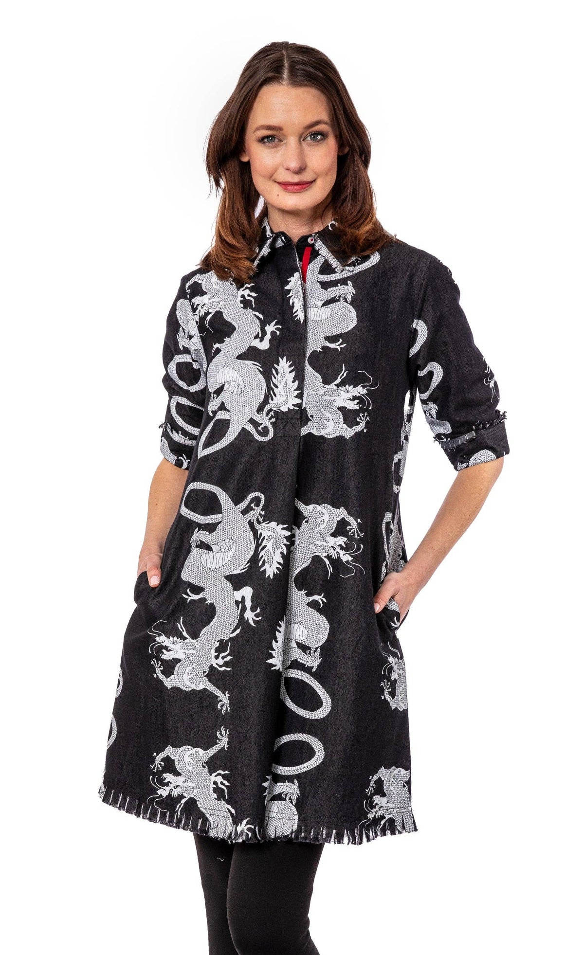 Chatham Dress Black Denim Dragons- Dizzy Lizzy