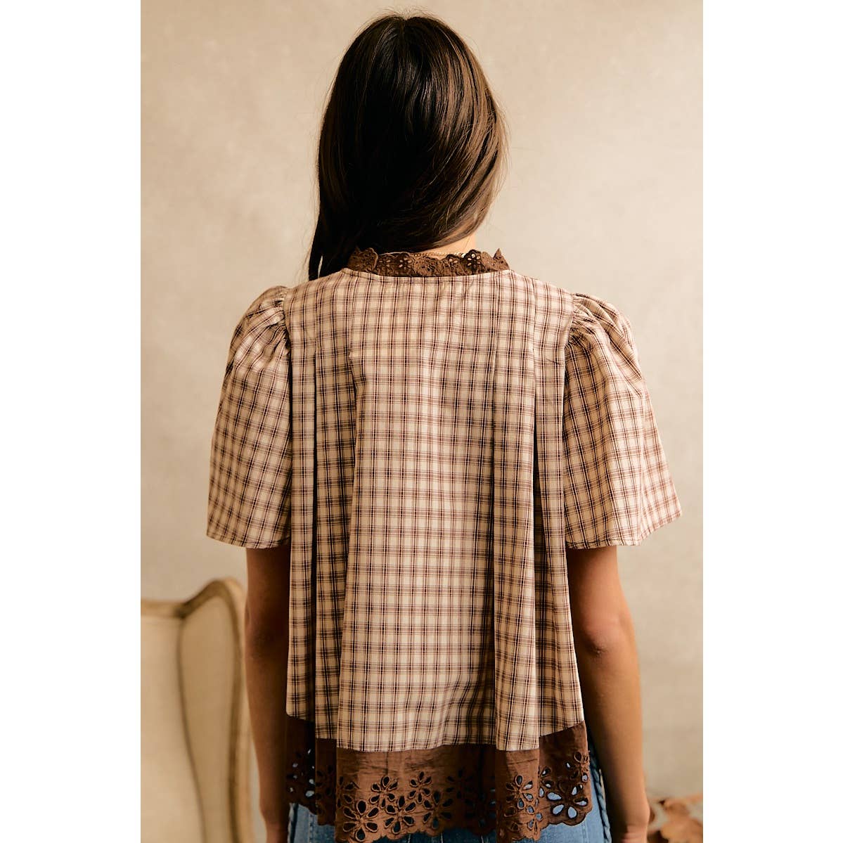 COTTON CHECK LACE TRIM FLUTTER SLEEVES BLOUSE TOP