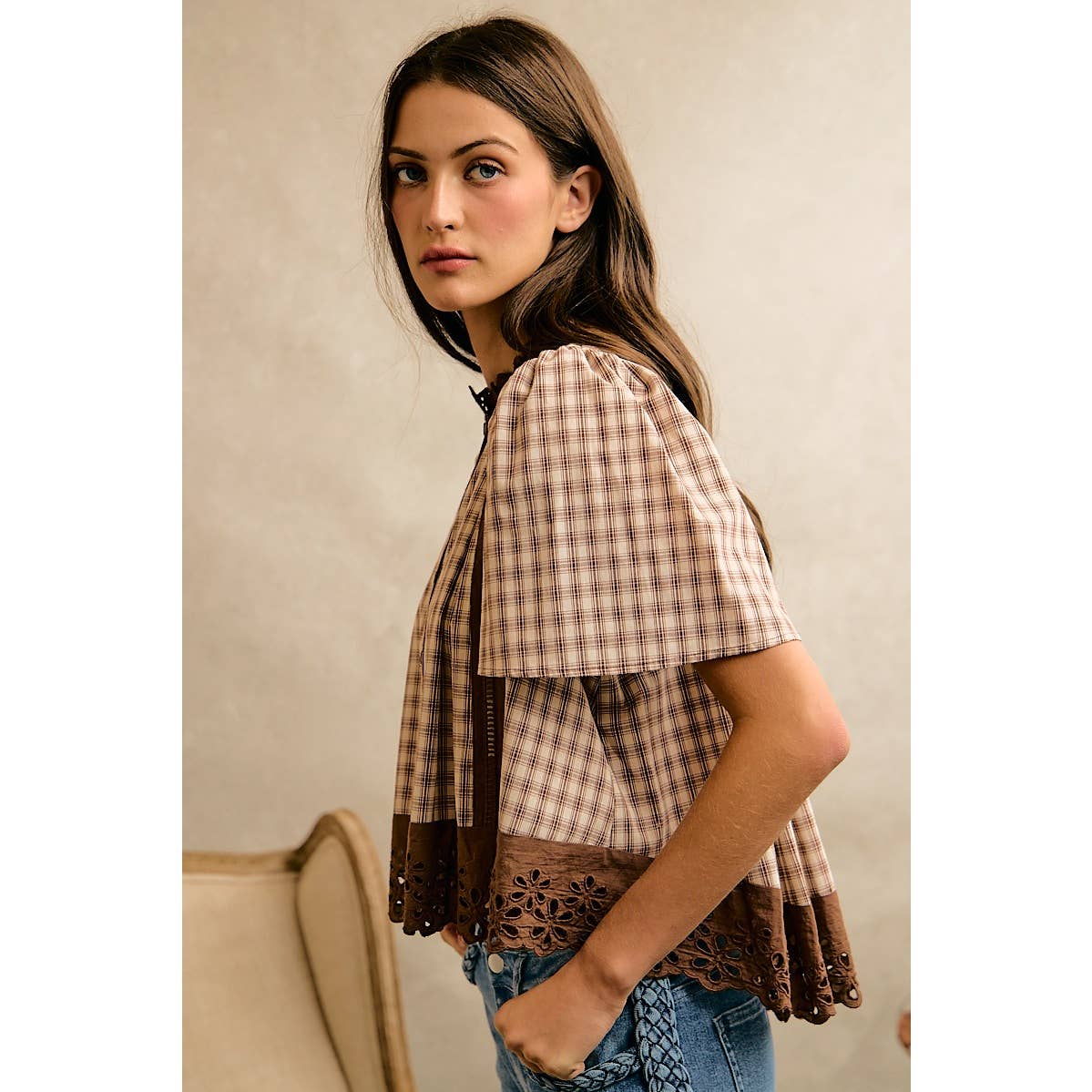COTTON CHECK LACE TRIM FLUTTER SLEEVES BLOUSE TOP