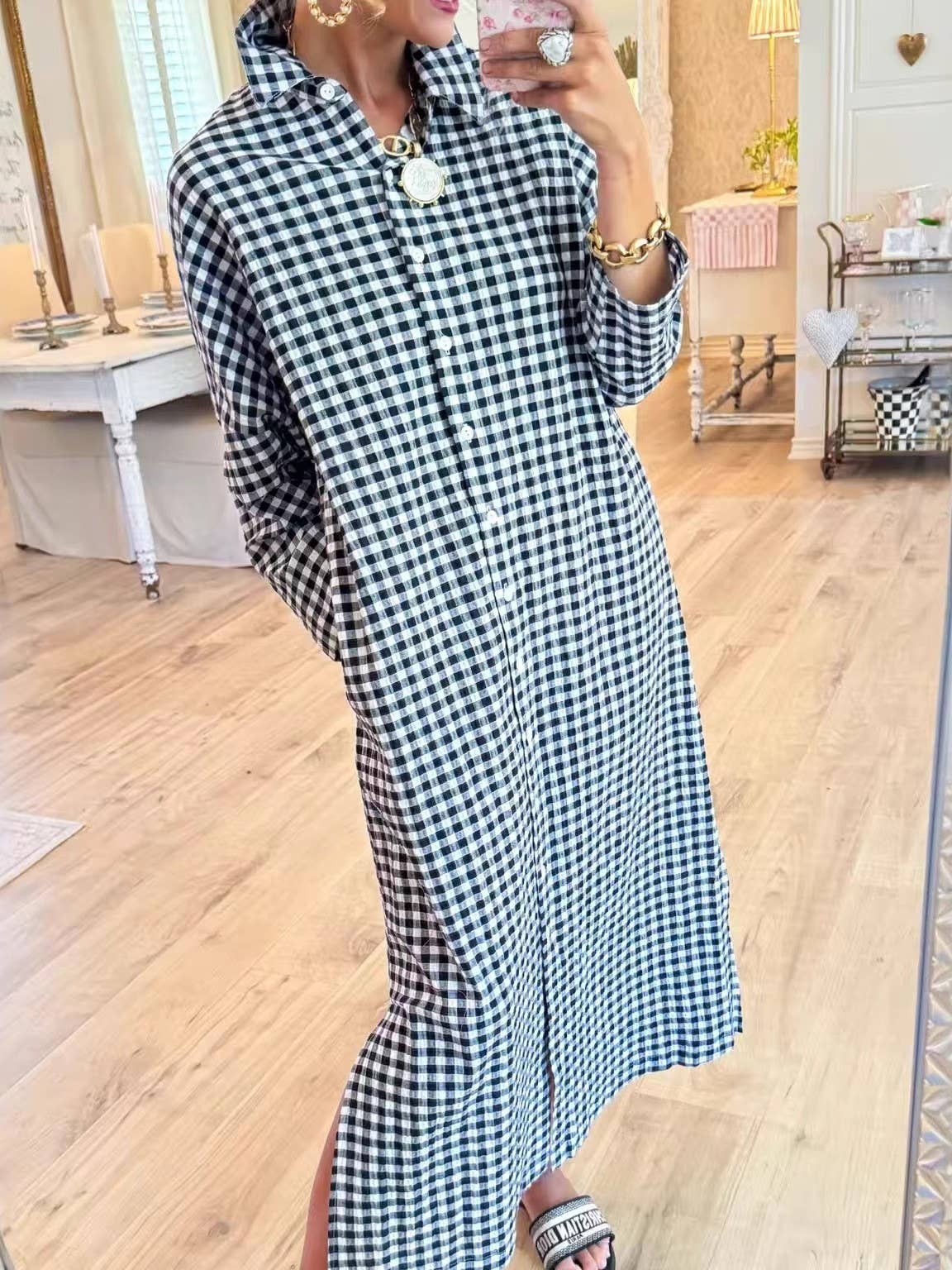 Seersucker Gingham long maxi shirt dress