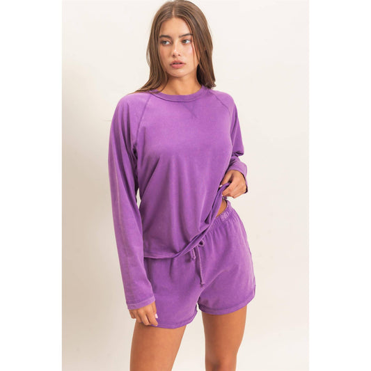 Mineral Wash Long Sleeve Raw Edge Top & Shorts Set