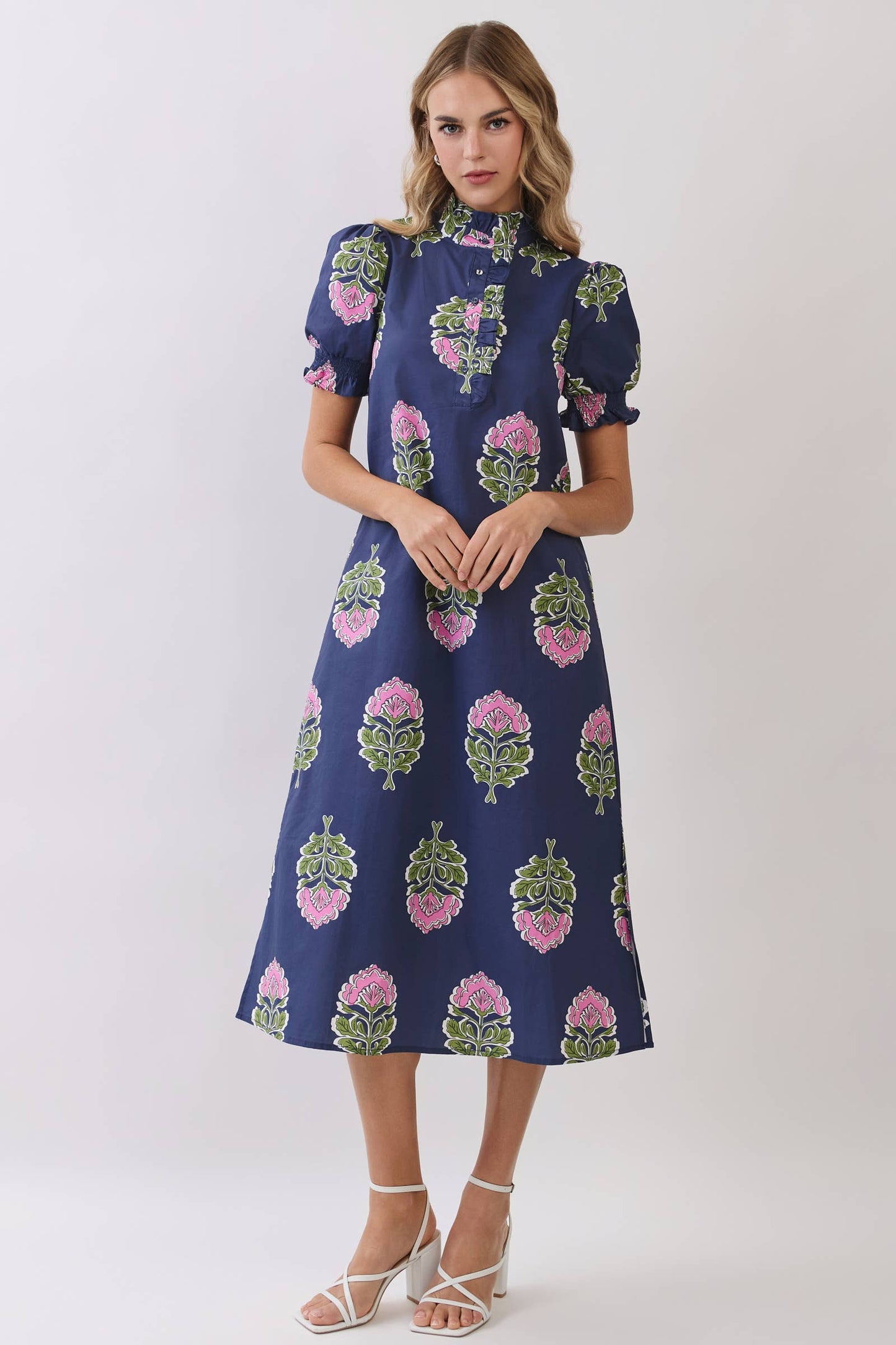 Navy Floral Print Midi Dress
