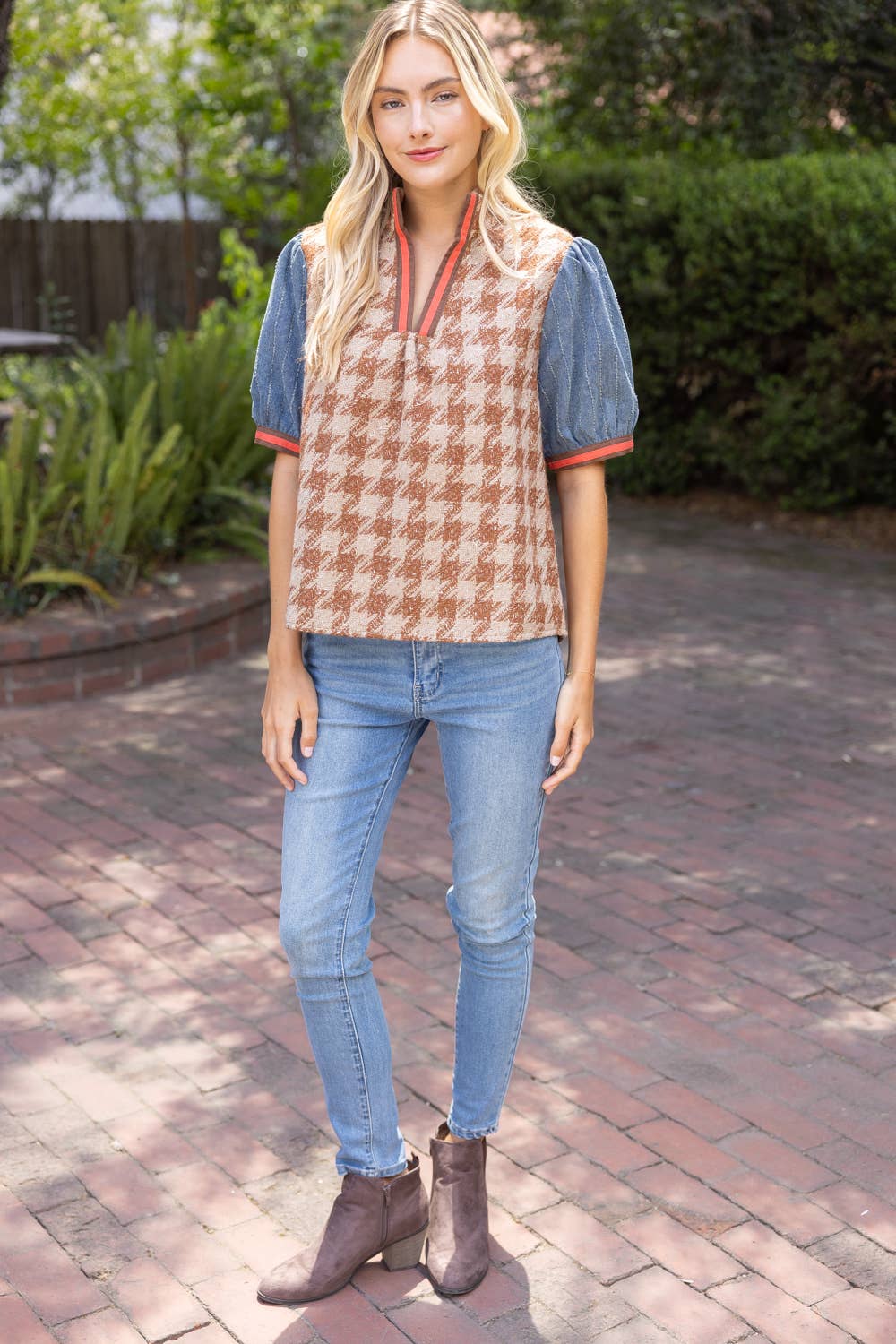 Denim Sleeve Houndstooth Tweed Top