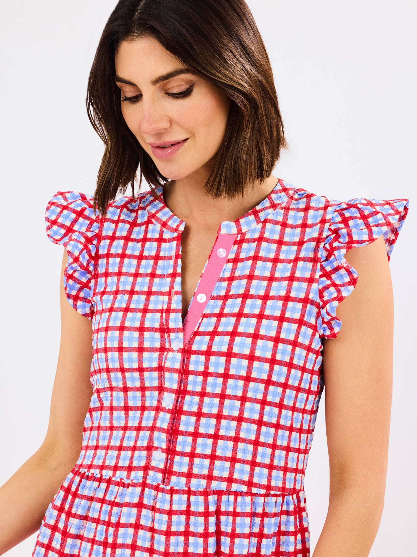Riley Flutter Sleeve Dress | Gingham Red + Blue