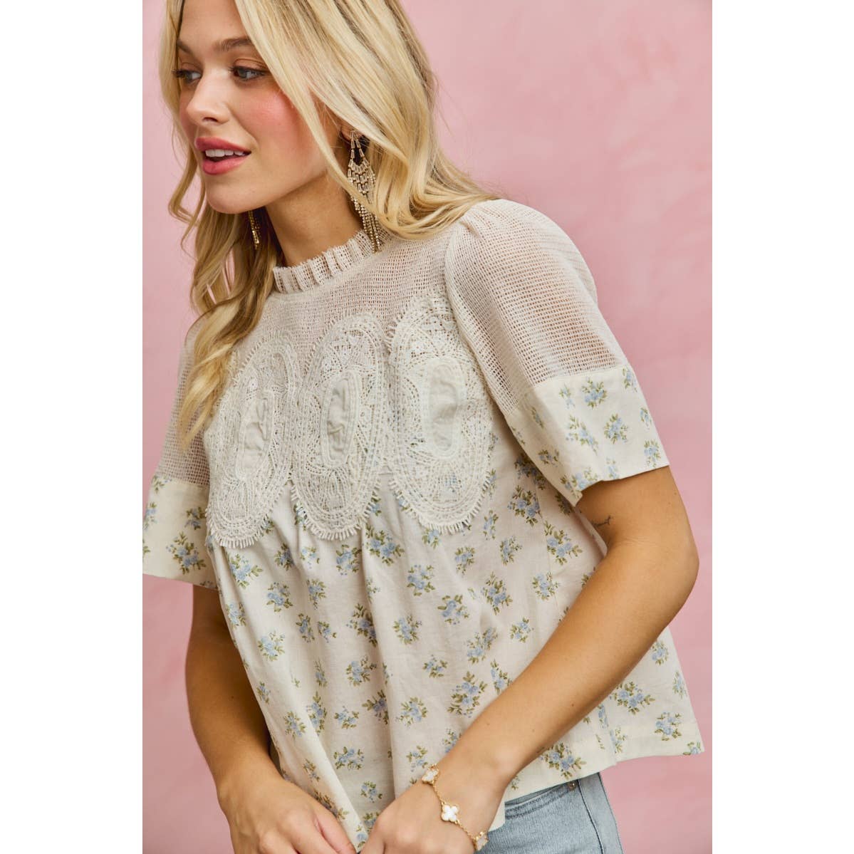 FLORAL PRINT LACE TRIM COTTON BLOUSE TOP