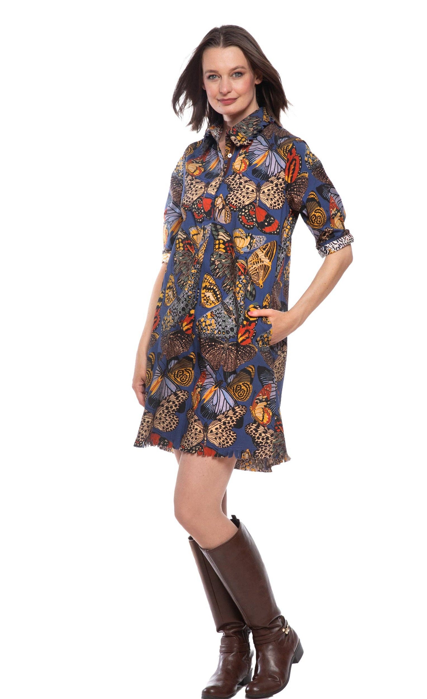 Chatham Dress Blue Butterfly Print- Dizzy Lizzy