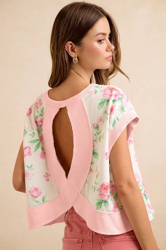 FLORAL PRINTED TERRY OPEN BACK SLEEVELESS TOP