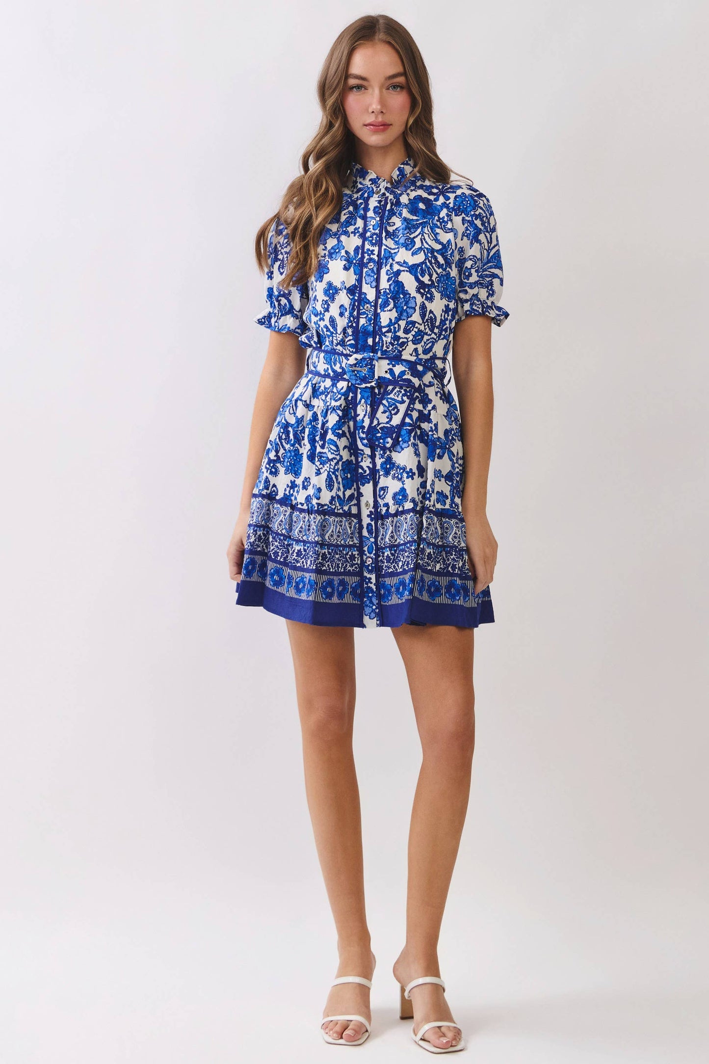 Blue Floral Print Removable Belted Dress