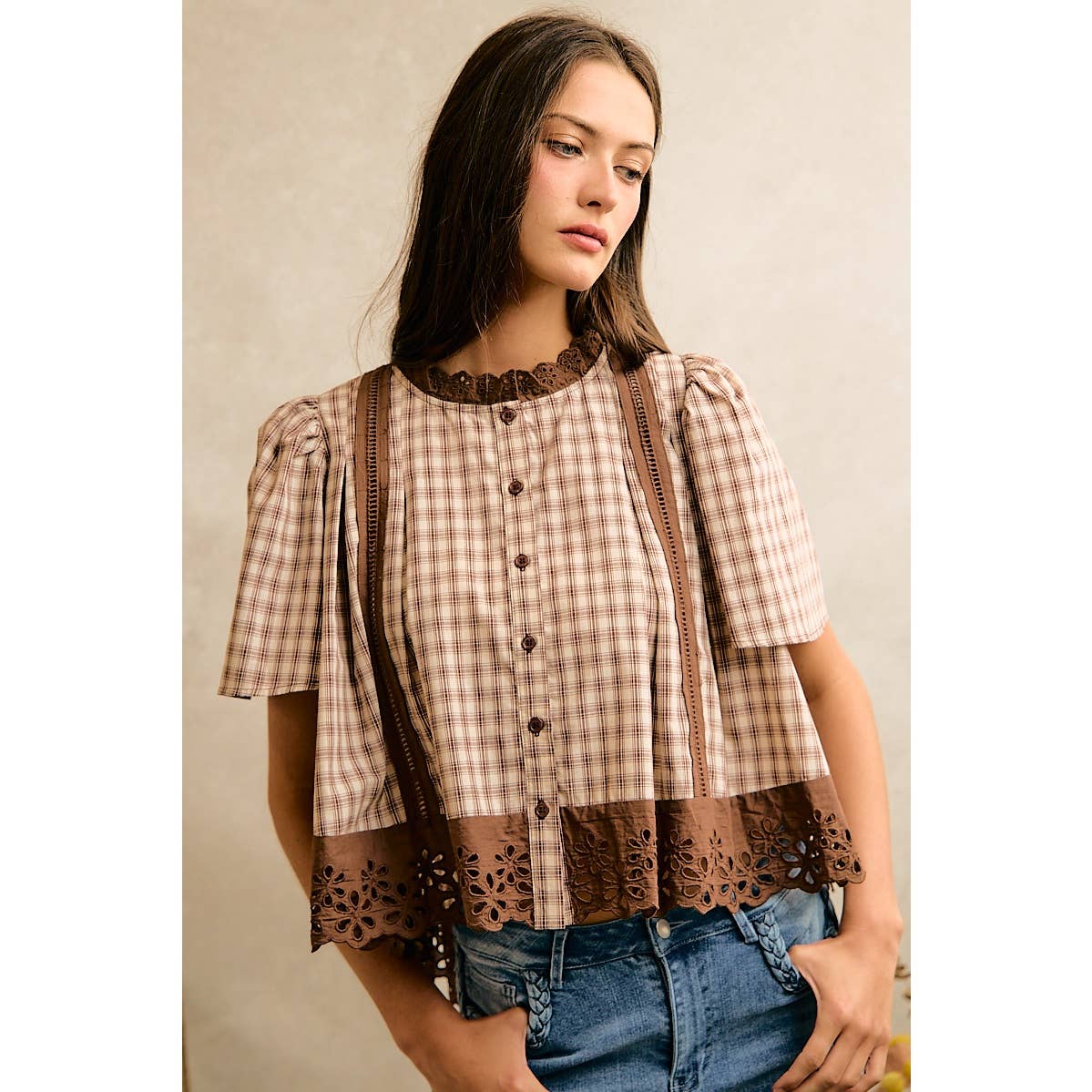 COTTON CHECK LACE TRIM FLUTTER SLEEVES BLOUSE TOP