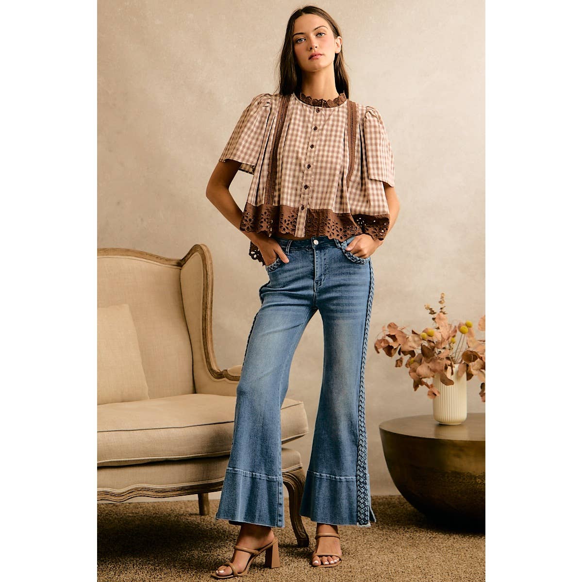 COTTON CHECK LACE TRIM FLUTTER SLEEVES BLOUSE TOP