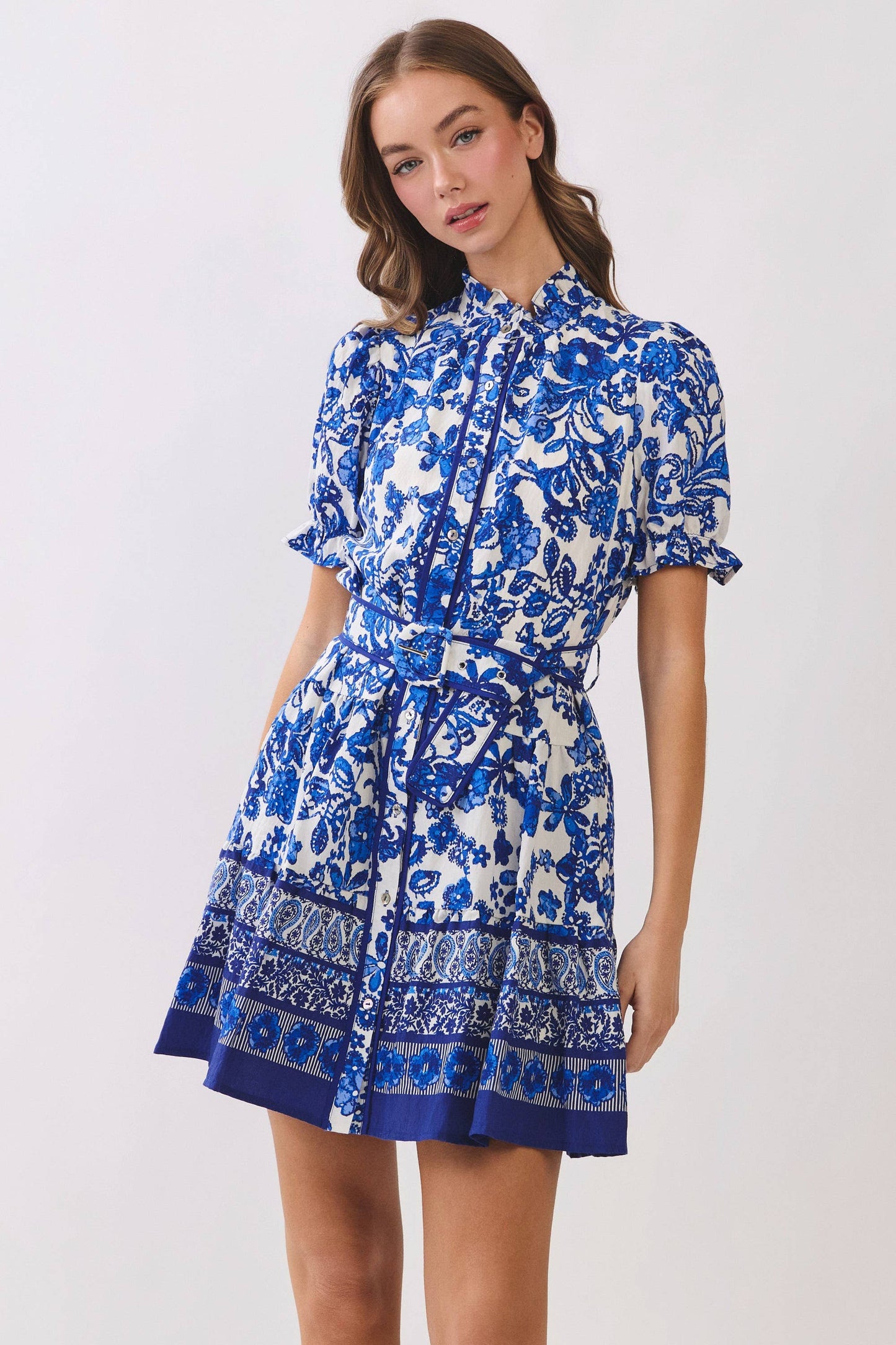 Blue Floral Print Removable Belted Dress