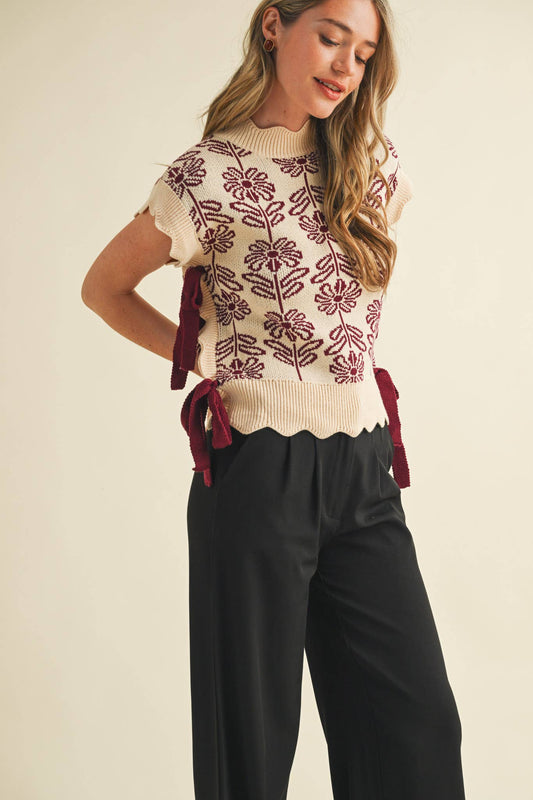 LC MOCK NECK FLORAL SWEATER VEST WITH TIES