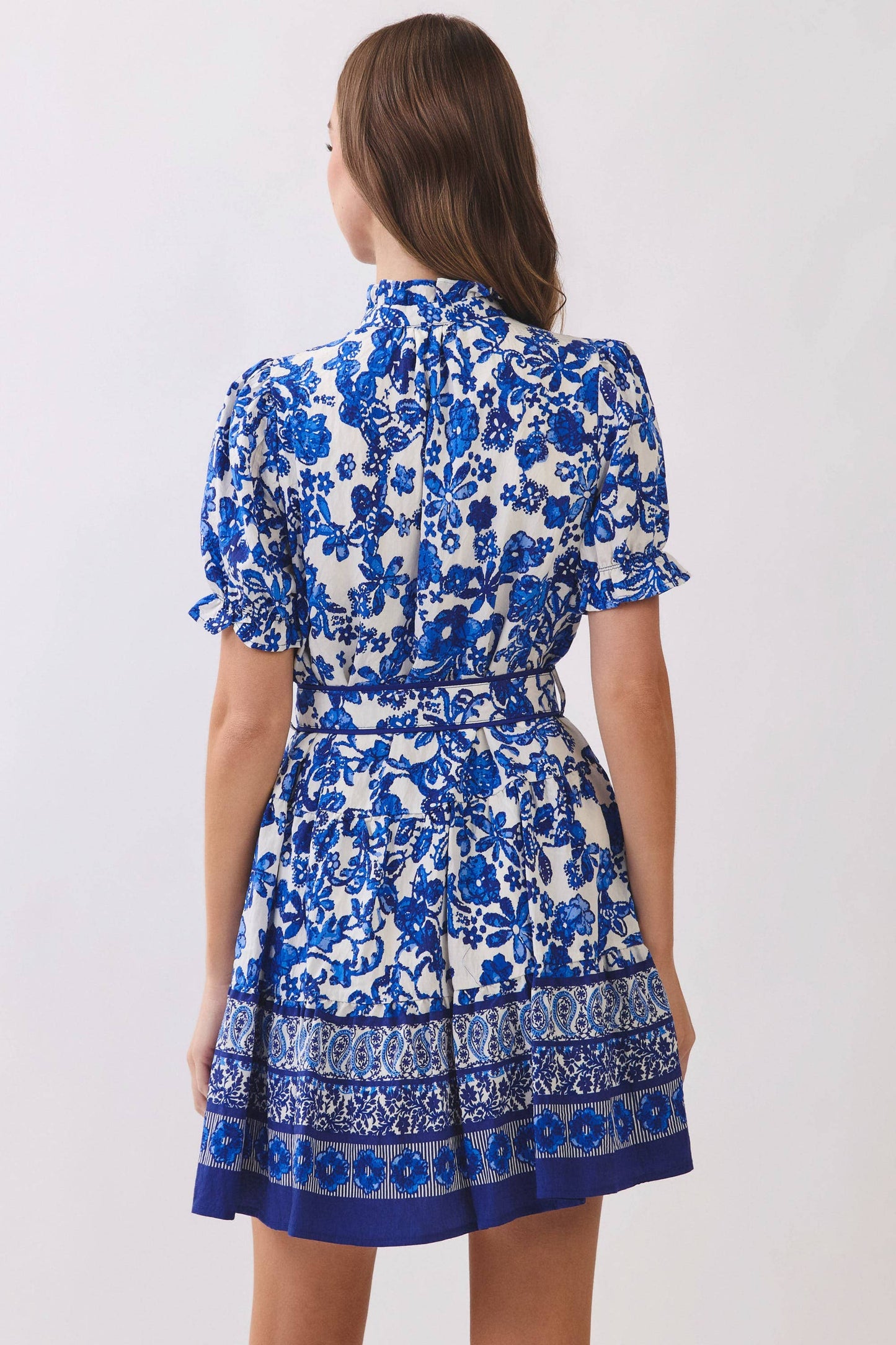 Blue Floral Print Removable Belted Dress