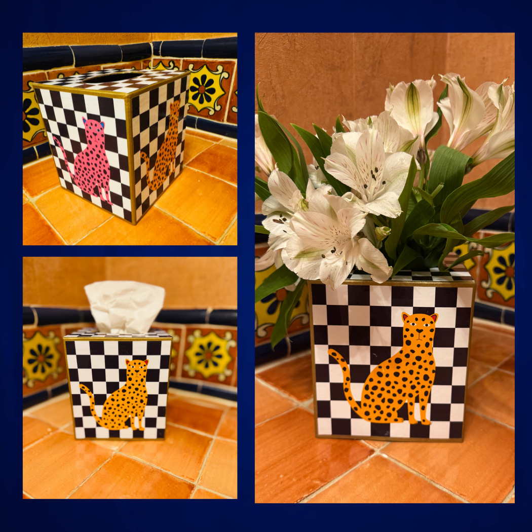 Kleenex Box, leopard with dots, pink and gold