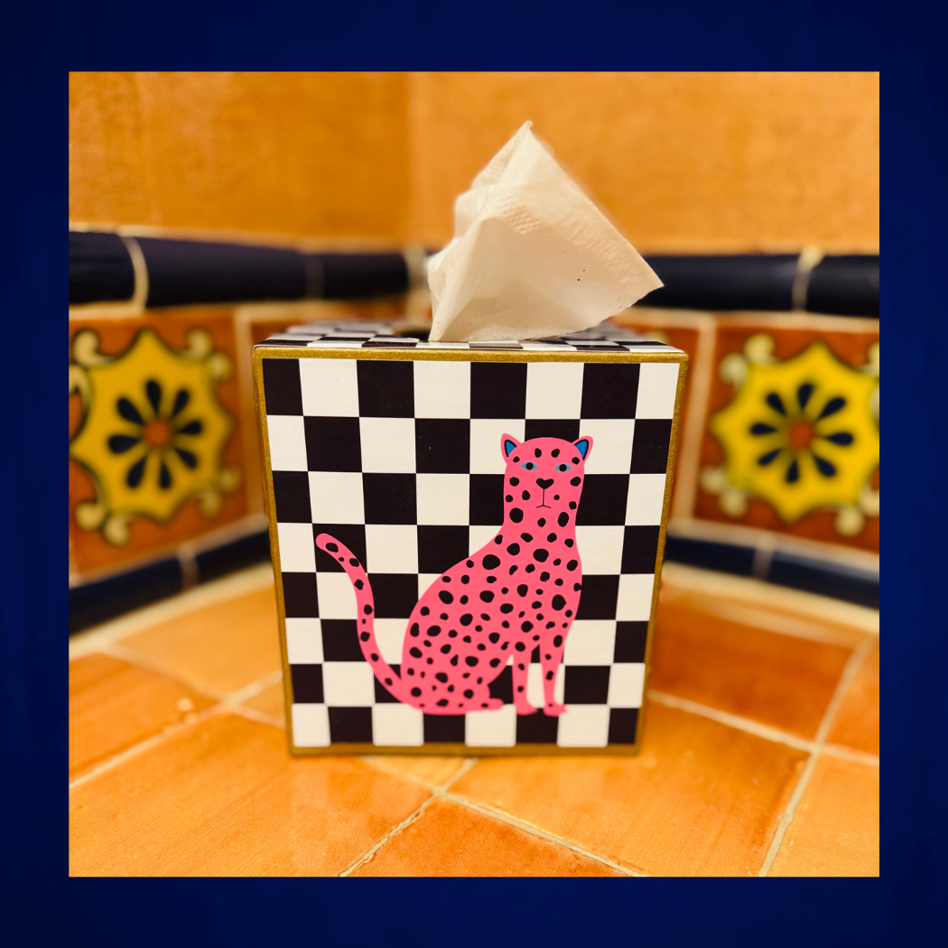 Kleenex Box, leopard with dots, pink and gold