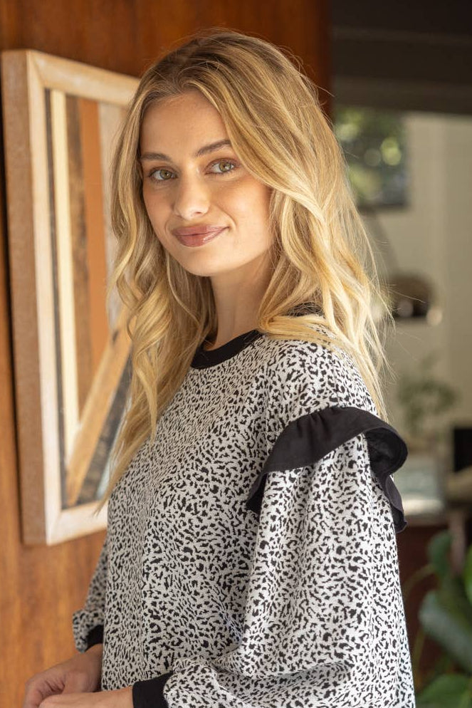 Leopard Ruffle Long Sleeve Knit Top